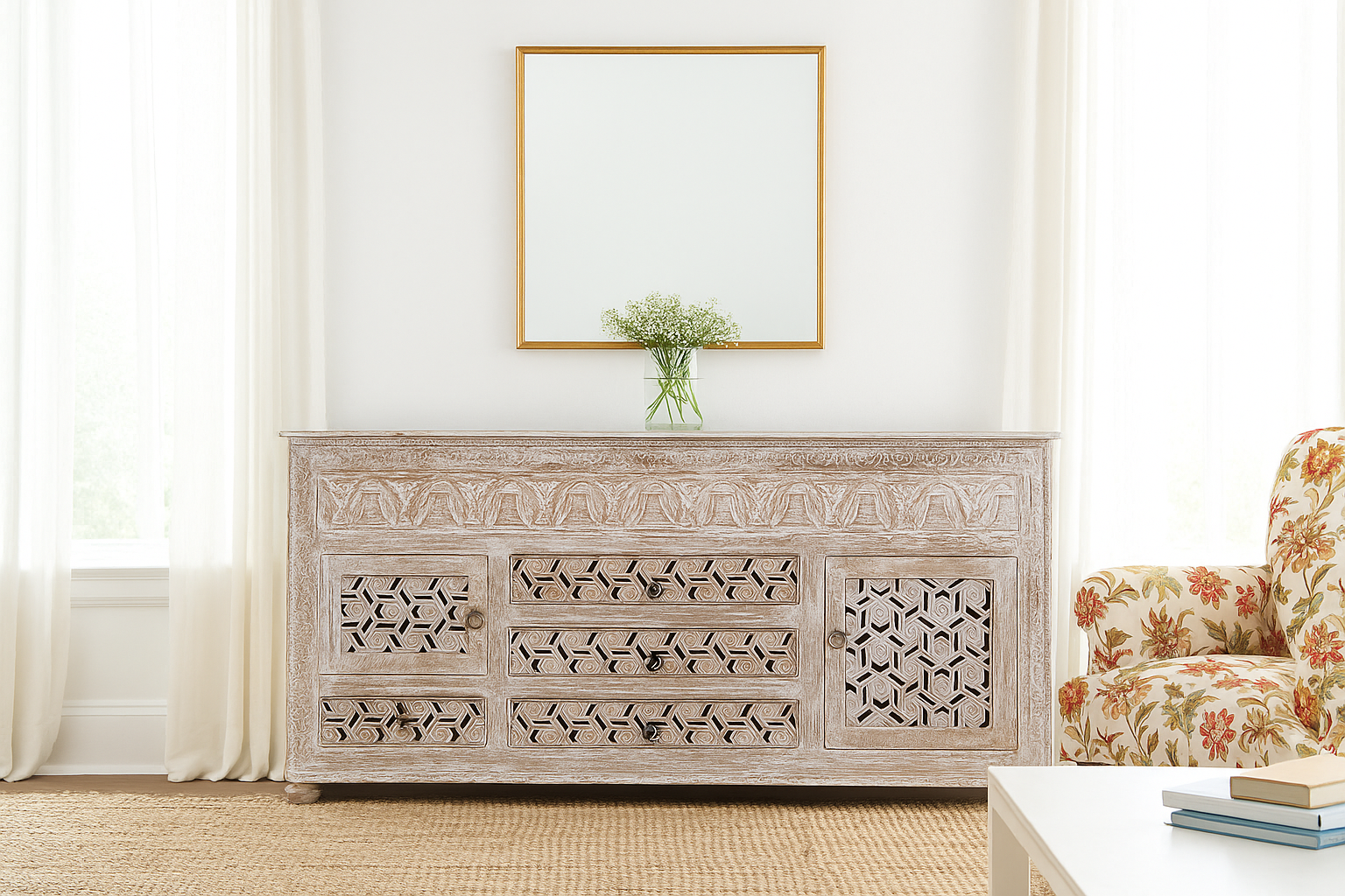 Lifestyle image of a hand-carved wooden sideboard made from solid mango wood with drawers and compartments; unique furniture piece in Mediterranean style, 180 × 100 × 40 cm.