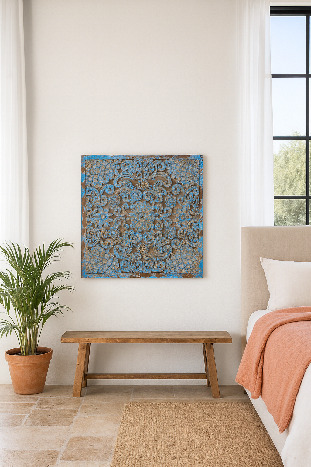 Lifestyle image of a Linda carved wooden wall panel made from mango wood with detailed floral carvings—an elegant wooden wall decoration featuring natural grain and artisan craftsmanship.