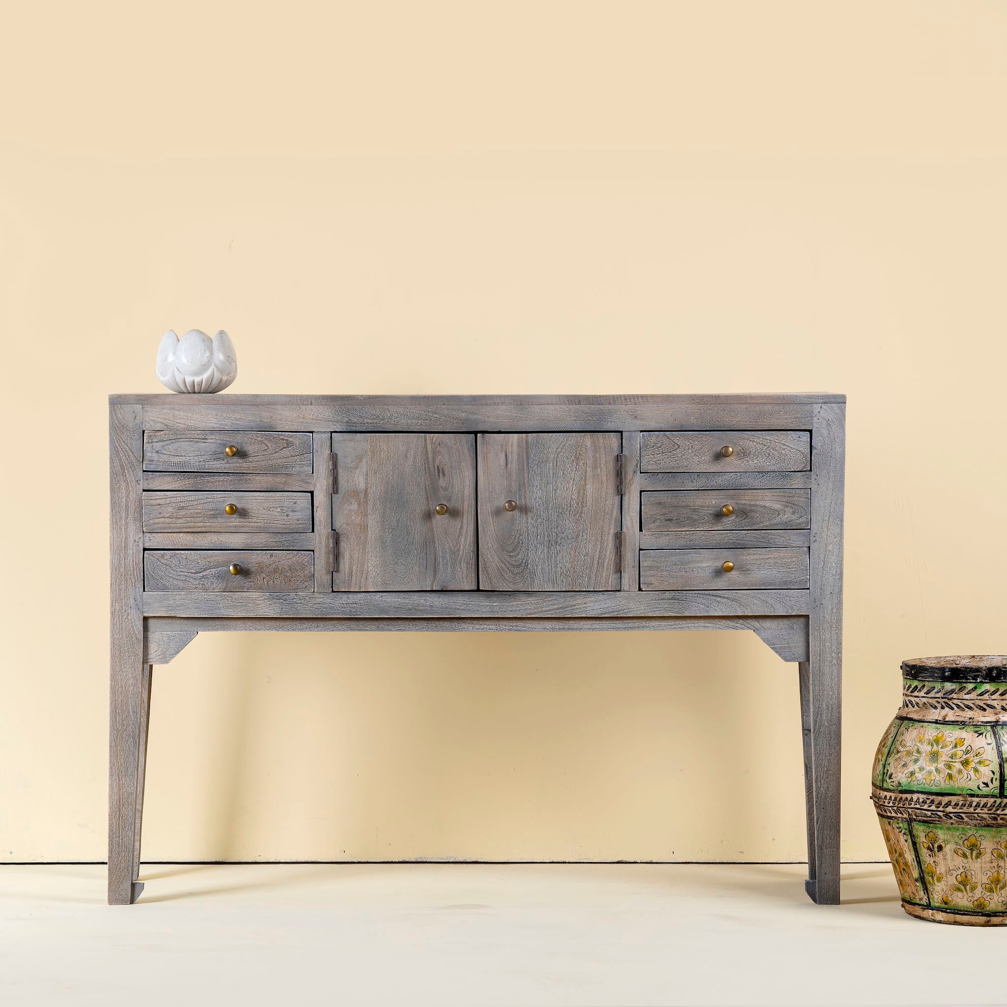 Console table wood with drawers and doors, ideal as an entryway table vintage statement piece.
