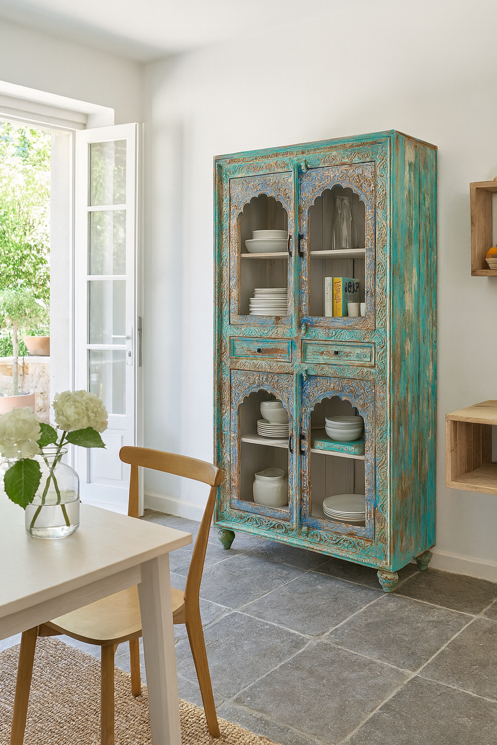 Lifestyle image of a hand-carved mango wood showcase with glass doors and drawers – carved wooden furniture in distressed turquoise and blue, combining artisan detail with vintage charm.