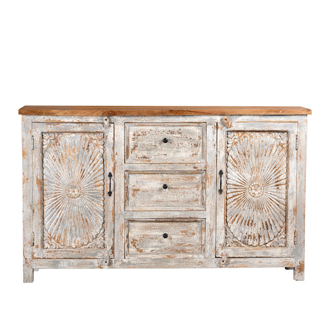 White background image of a handcrafted carved sideboard made from solid mango wood with floral motifs, antique layered finish, and natural wood top; artisan vintage furniture, 150 × 40 × 90 cm.