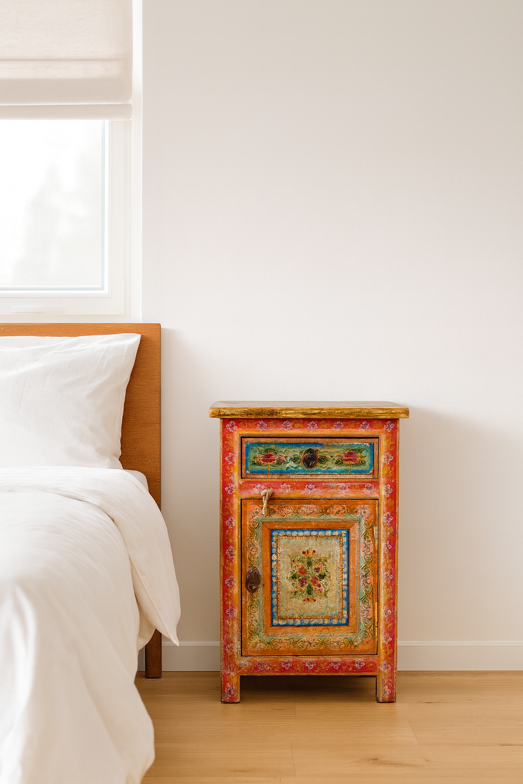 Lifestyle imagination of a set of two hand painted bedside tables with floral motifs; sustainable furniture made of recycled wood, 45 × 35 × 70 cm.