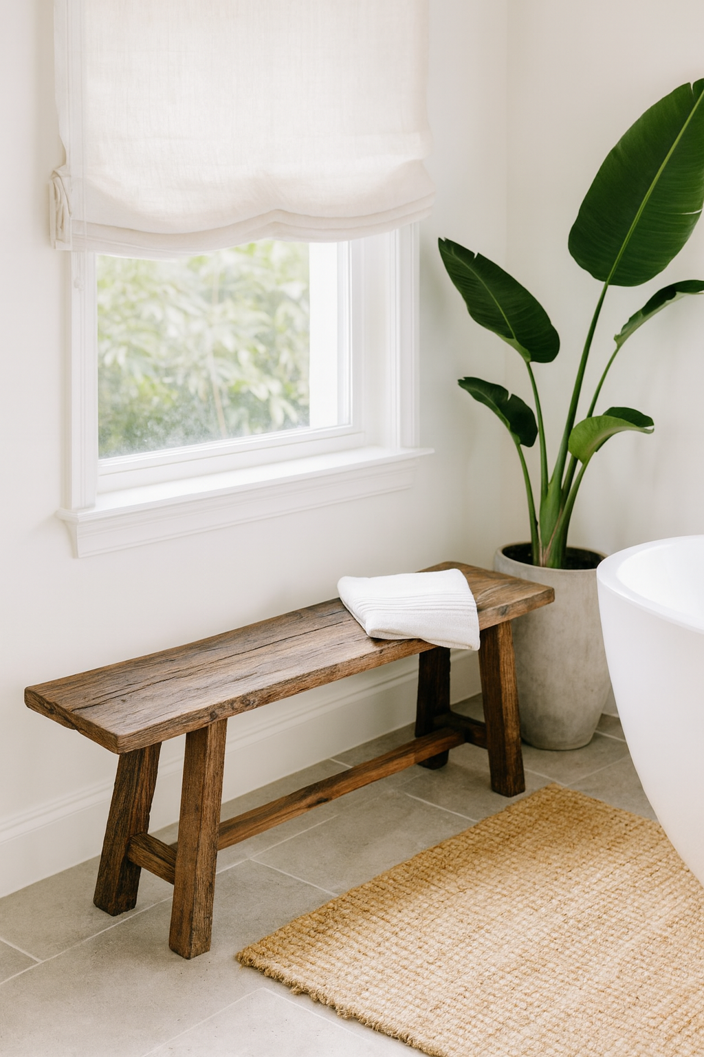 Lifestyle imagination of a rustic driftwood bench made from reclaimed wood with aged finish and angled legs; handcrafted rustic wood furniture, 130 × 25 × 45 cm.