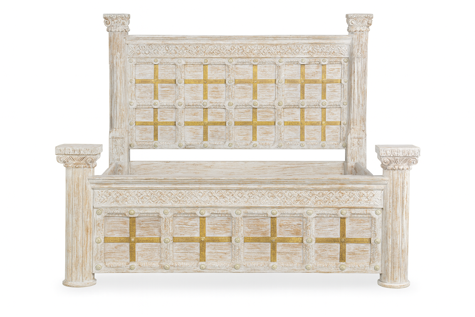 White background image of a reclaimed wood bed frame 180cm by 200cm with iron applications; reclaimed furniture wooden bed frame.