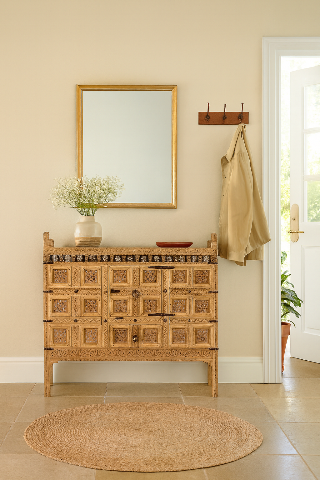 Lifestyle image of a vintage entryway table treasure chest in antique Indian furniture style, solid teak wood with iron accents and sandblasted finish, 113 × 54 × 100 cm.
