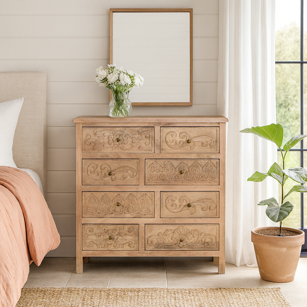 Lifestyle imagination of a carved mango wood cabinet with drawers and one door, made from reclaimed teak, 100 × 40 × 100 cm.