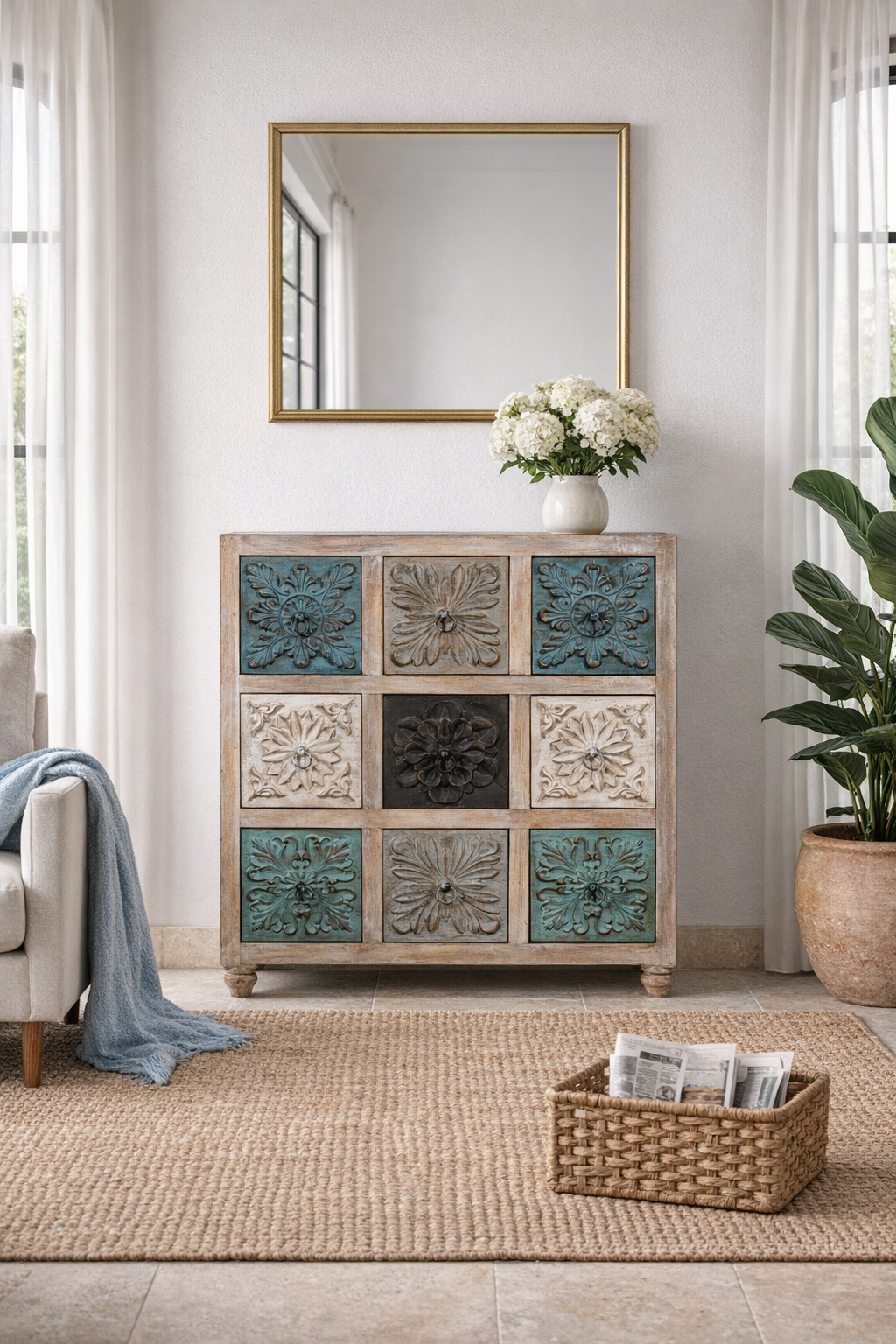 Lifestyle imagination of a mango wood chest of drawers Hansika with nine hand-carved floral drawer fronts in soft bohemian colours. A unique carved sideboard combining artisan design with versatile storage.