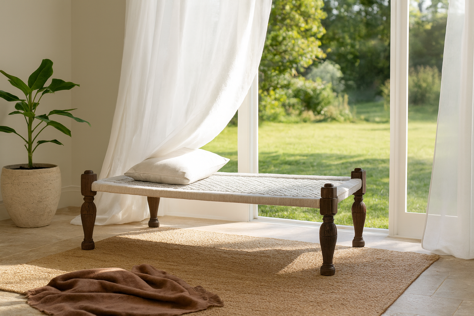 Lifestyle imagintion of a handwoven Indian Charpoi bed with reclaimed teak frame and carved legs; perfect for Indian home decor, 174 × 122 × 60 cm.