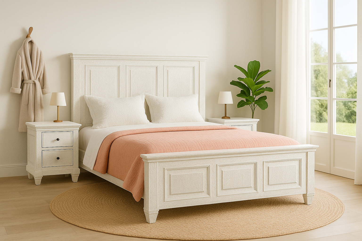 Lifestyle inspiration of a whitewashed mango wood bed frame with carved panel design and two matching nightstands; rustic bedroom furniture set, bed size 180×200×140 cm, nightstands 50×40×65 cm.
