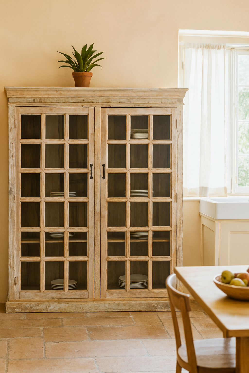 Lifestyle imagination of a tall reclaimed wood cabinet in sandblasted vintage design with glass-paneled doors; rustic living room furniture, 100 × 40 × 190 cm.
