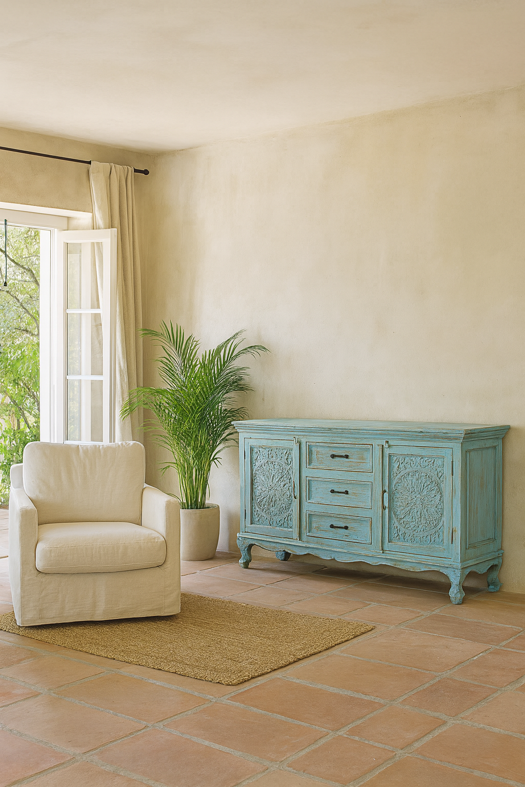 Hand-carved mango wood sideboard with distressed blue wash finish, artisanal furniture for bohemian interior, 150 × 40 × 90 cm.