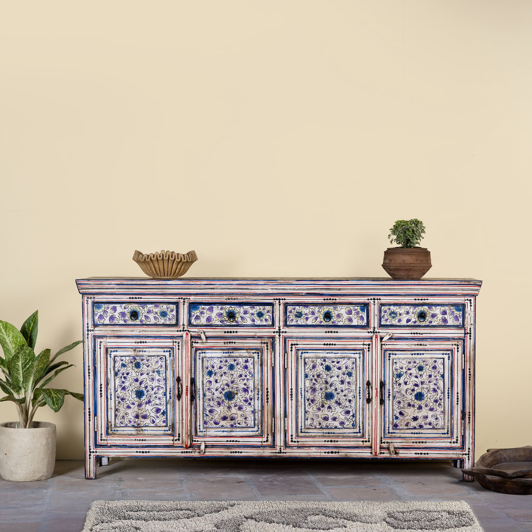 Hand painted wooden furniture sideboard with floral motifs, unique furniture piece made from reclaimed wood, 180 × 40 × 90 cm.