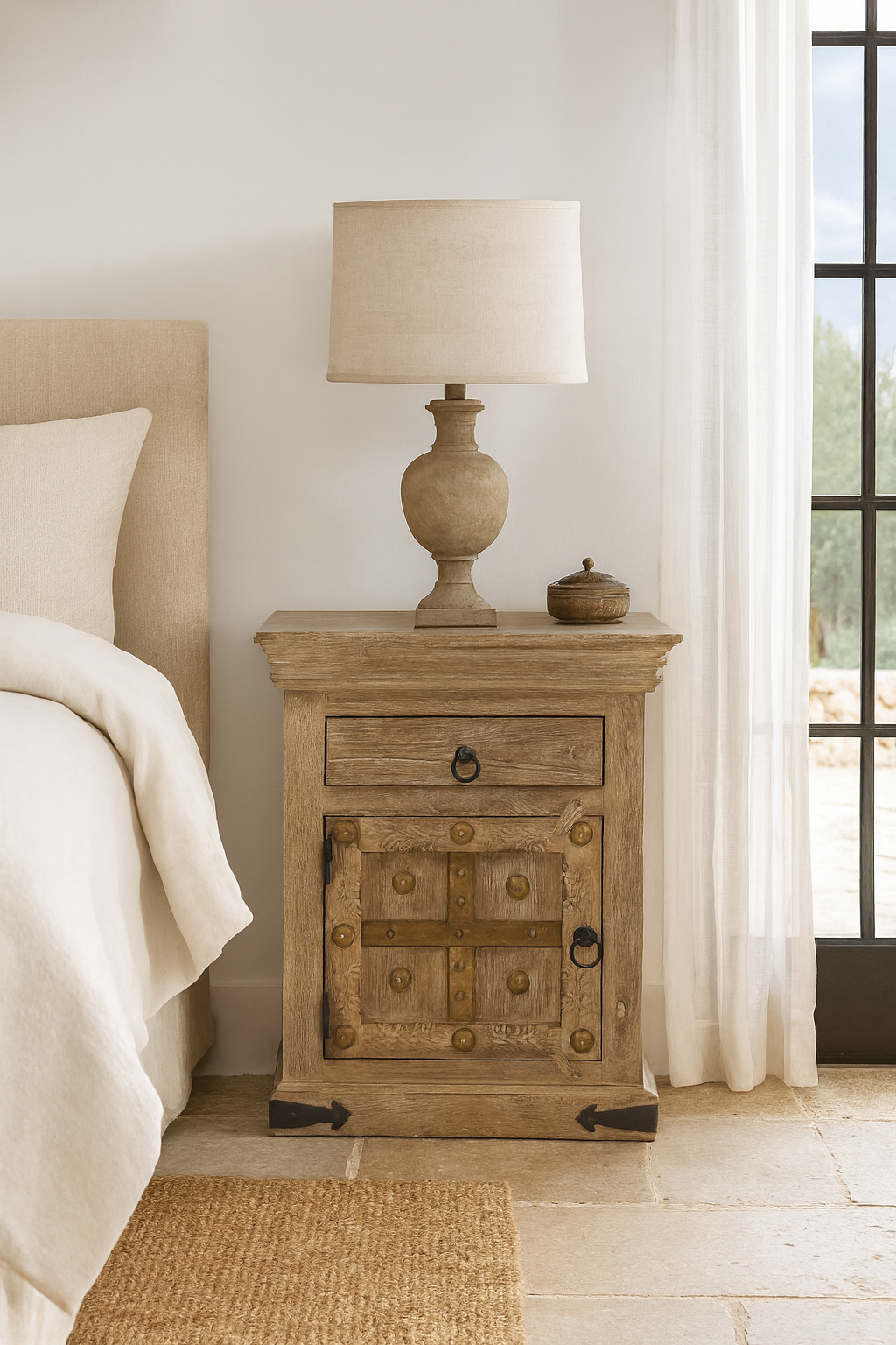 Lifestyle scene with a rustic nightstand made from reclaimed wood with decorative iron accents and a distressed finish – Neeraja bedside table by Om Home & Garden