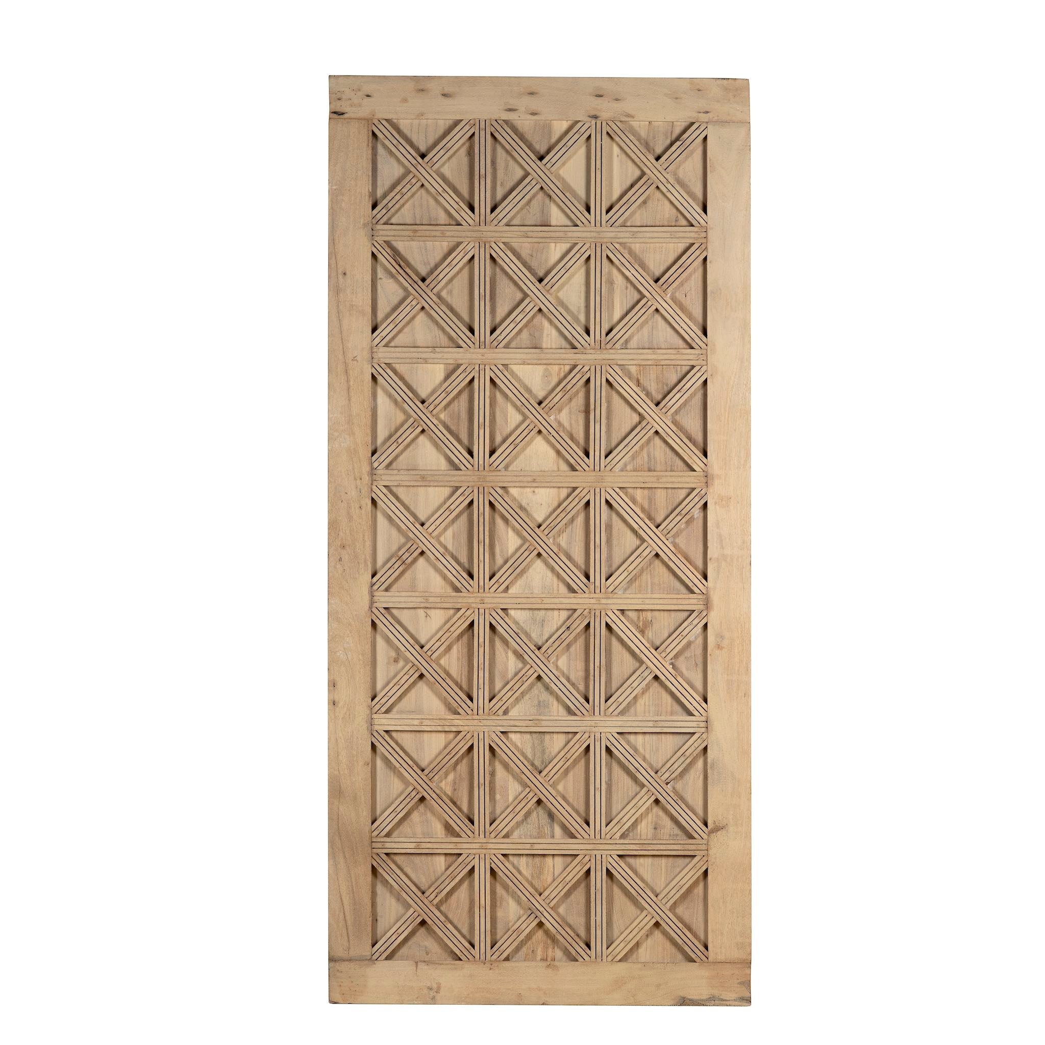 Wooden panel with geometric lattice pattern on a white background
