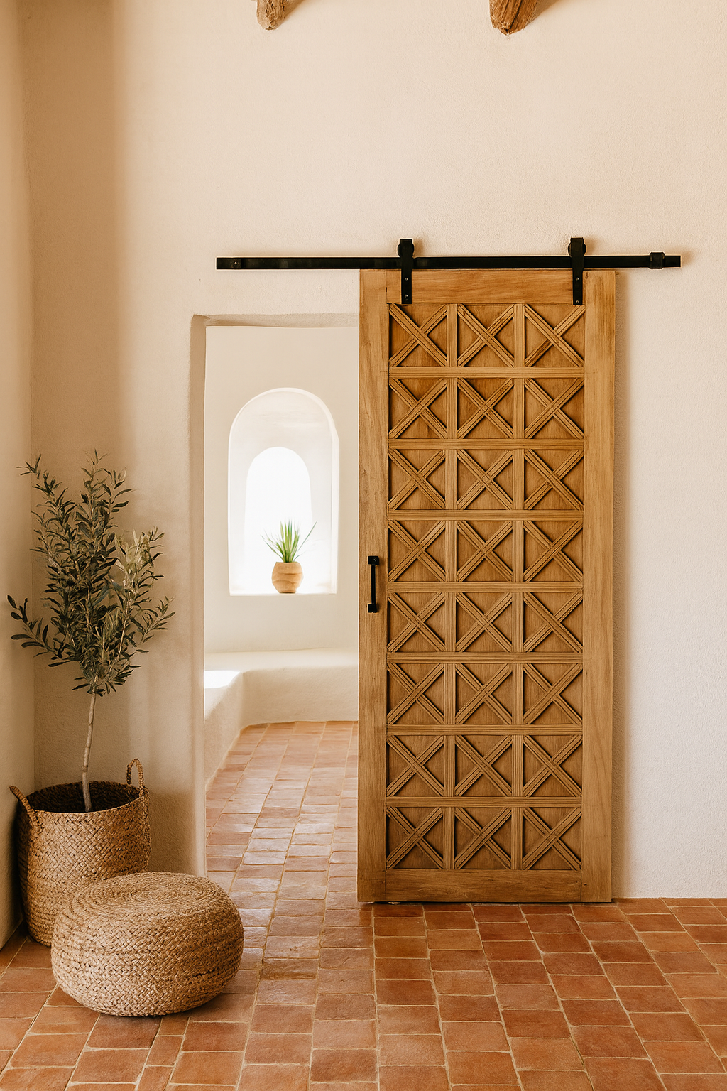 Life style scene with a vintage wall panel Nila, handcrafted reclaimed wood Indian door with geometric carvings, 100 × 5 × 220 cm.
