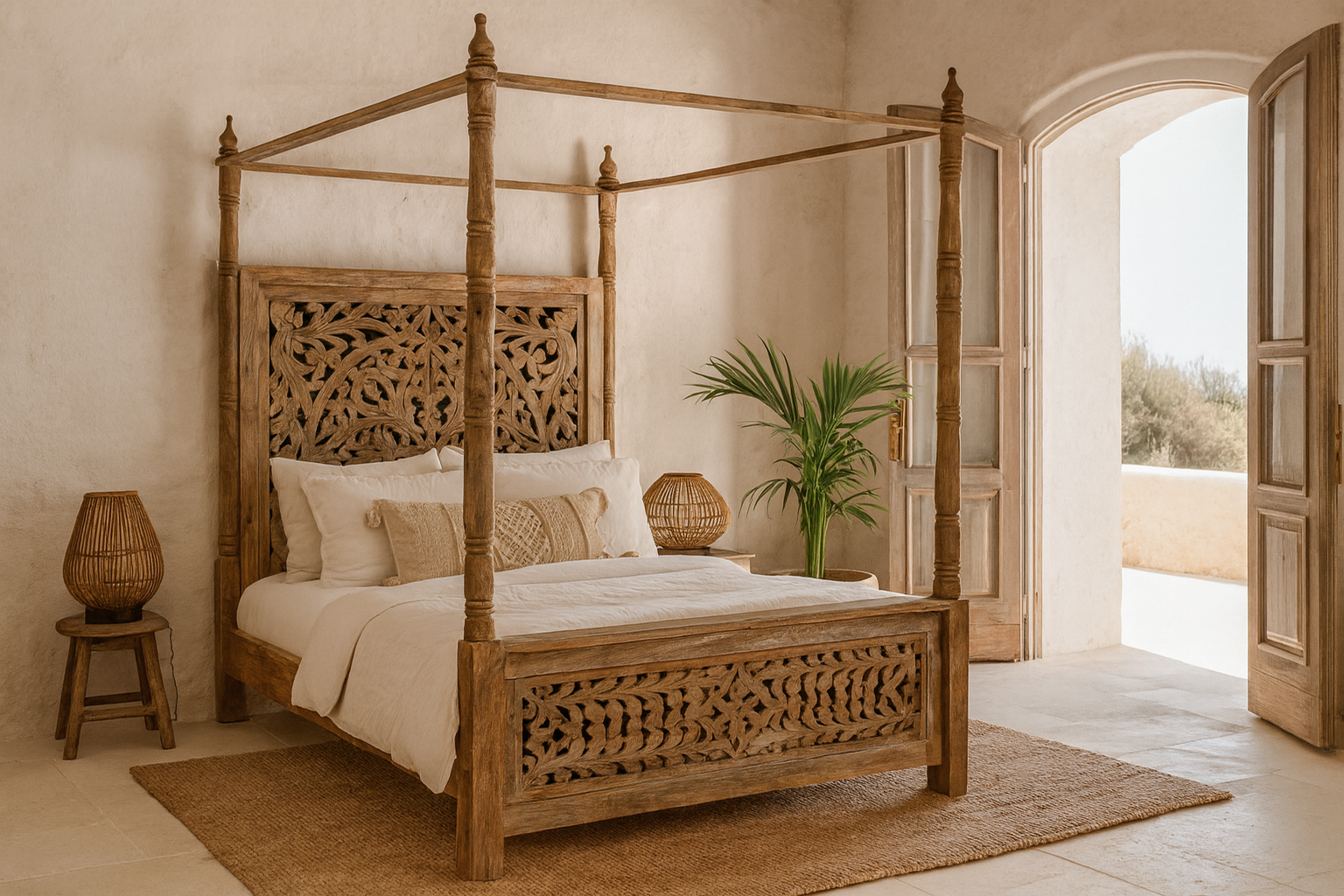 Wooden canopy bed in a bedroom with a plant and open door