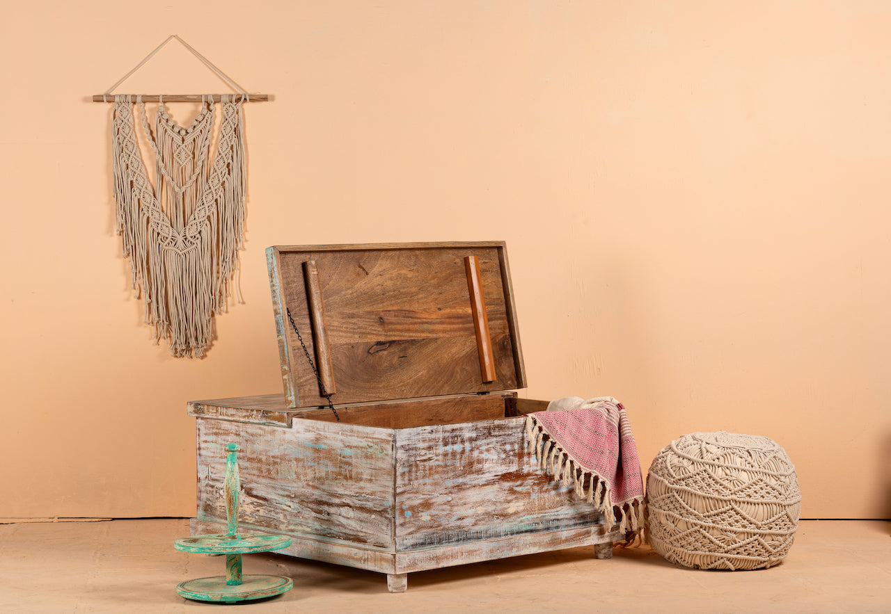 Open box image of a handcrafted mango wood coffee table Box Table Panipat with drawers and box storage, vintage coffee table design, 90 × 90 × 45 cm.
