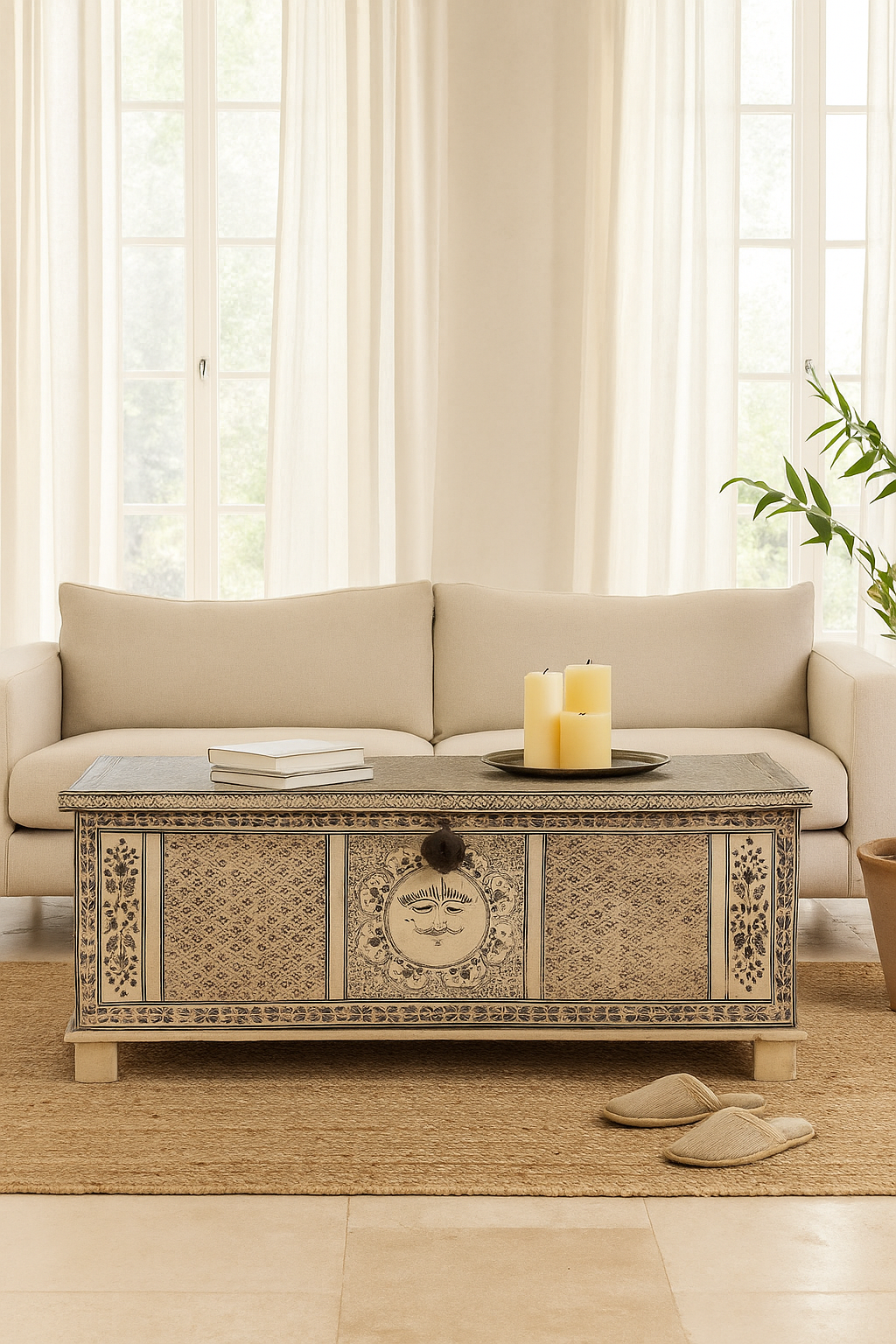 Lifestyle image of a hand-painted reclaimed wood chest box with Indian motifs – vintage home decor and versatile storage with coffee table function.