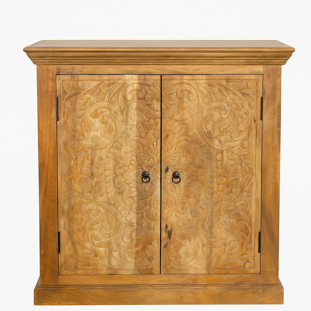 White background image of a mango wood cabinet with floral hand-carved doors in Mediterranean style, 90 × 90 × 40 cm – made from solid mango wood with unique grain and texture.