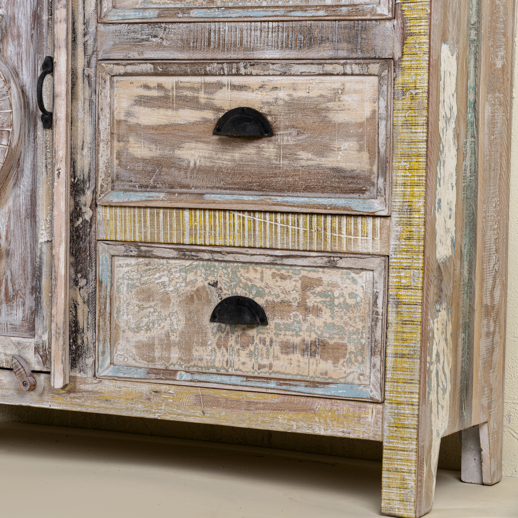 Handcrafted cupboard made from reclaimed wood with a carved turtle motif and pastel finish; vintage furniture and sustainable furniture, 110 × 96 × 40 cm.