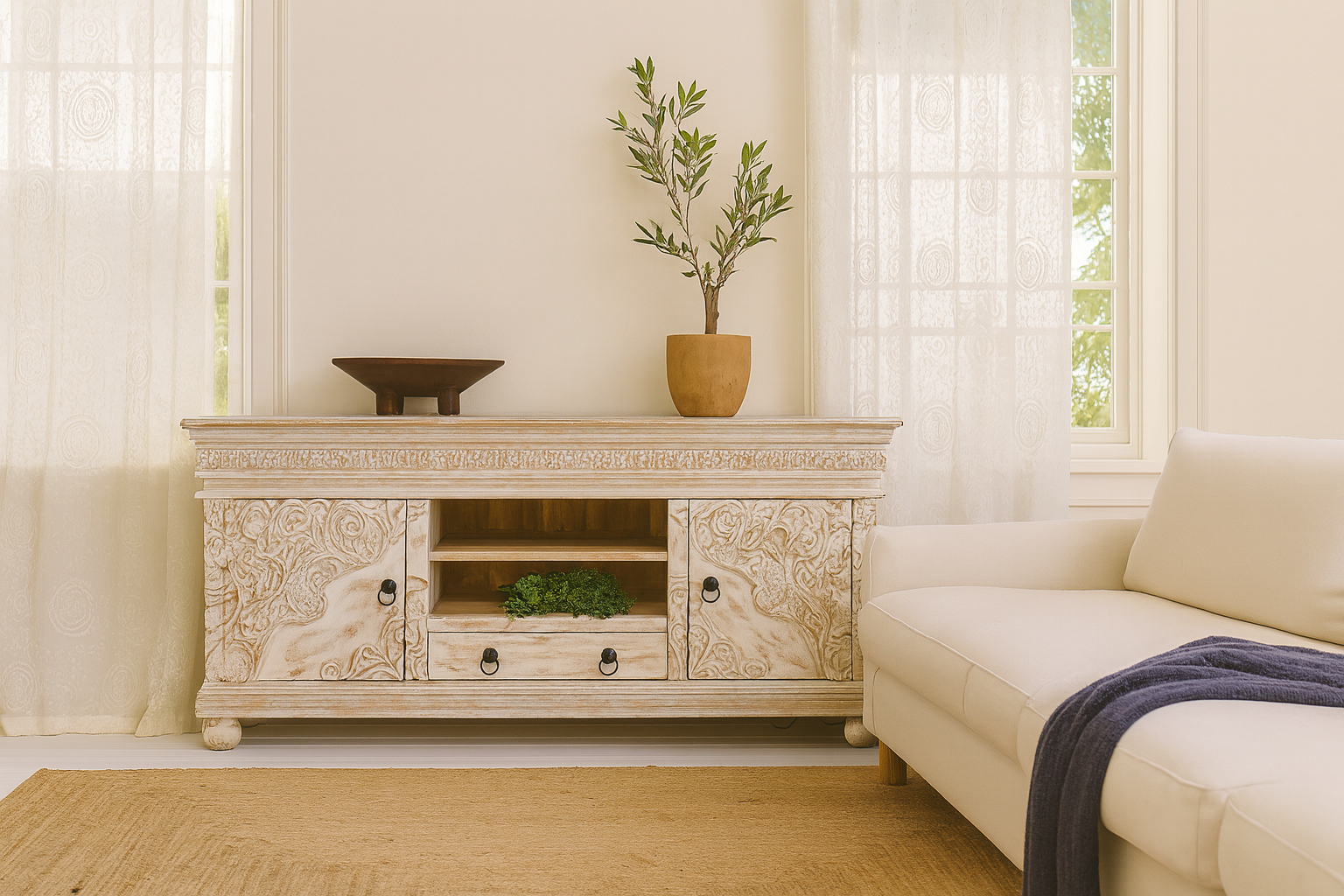 Lifestyle image of Raichur white, a hand-carved mango wood lowboard with two doors, one drawer, and open shelving; carved wooden sideboard for living or media room, 160 × 75 × 40 cm.