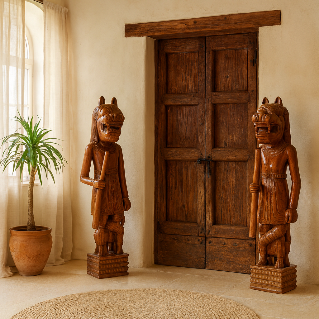 Lifestyle image of a hand-carved Indian house guardian statue in exotic style, made from reclaimed wood; sustainable furniture, 40 × 20 × 120 cm.