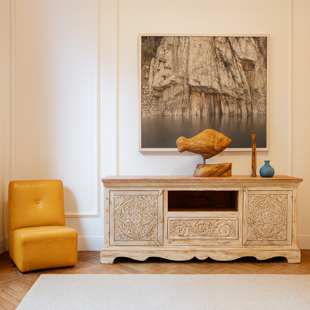 Lifestyle image of a handcrafted wooden carved sideboard made from mango wood with Indian carvings and drawers; ideal living room furniture, 150 × 60 × 40 cm.