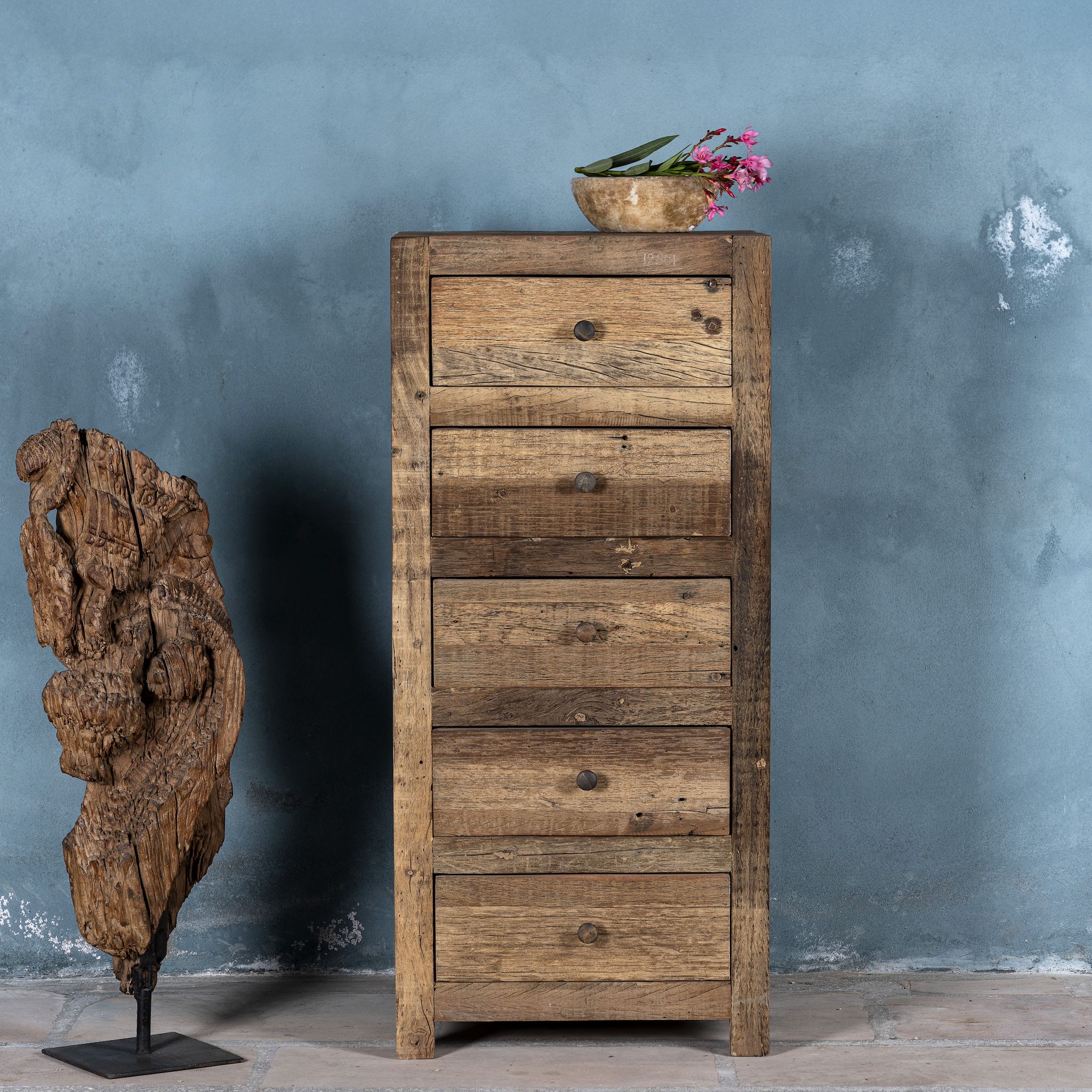Tall bathroom cabinet made from reclaimed wood with six drawers and rustic finish, 50 × 35 × 110 cm.