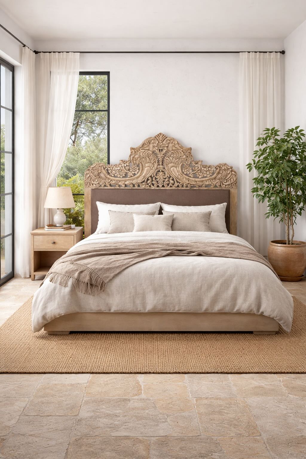 Lifestyle imagination of a Hand-carved vintage bed Samar made from distressed mango wood, featuring an ornate high headboard with soft grey fabric upholstery. A unique blend of Indian craftsmanship and contemporary comfort in a natural, neutral palette.
