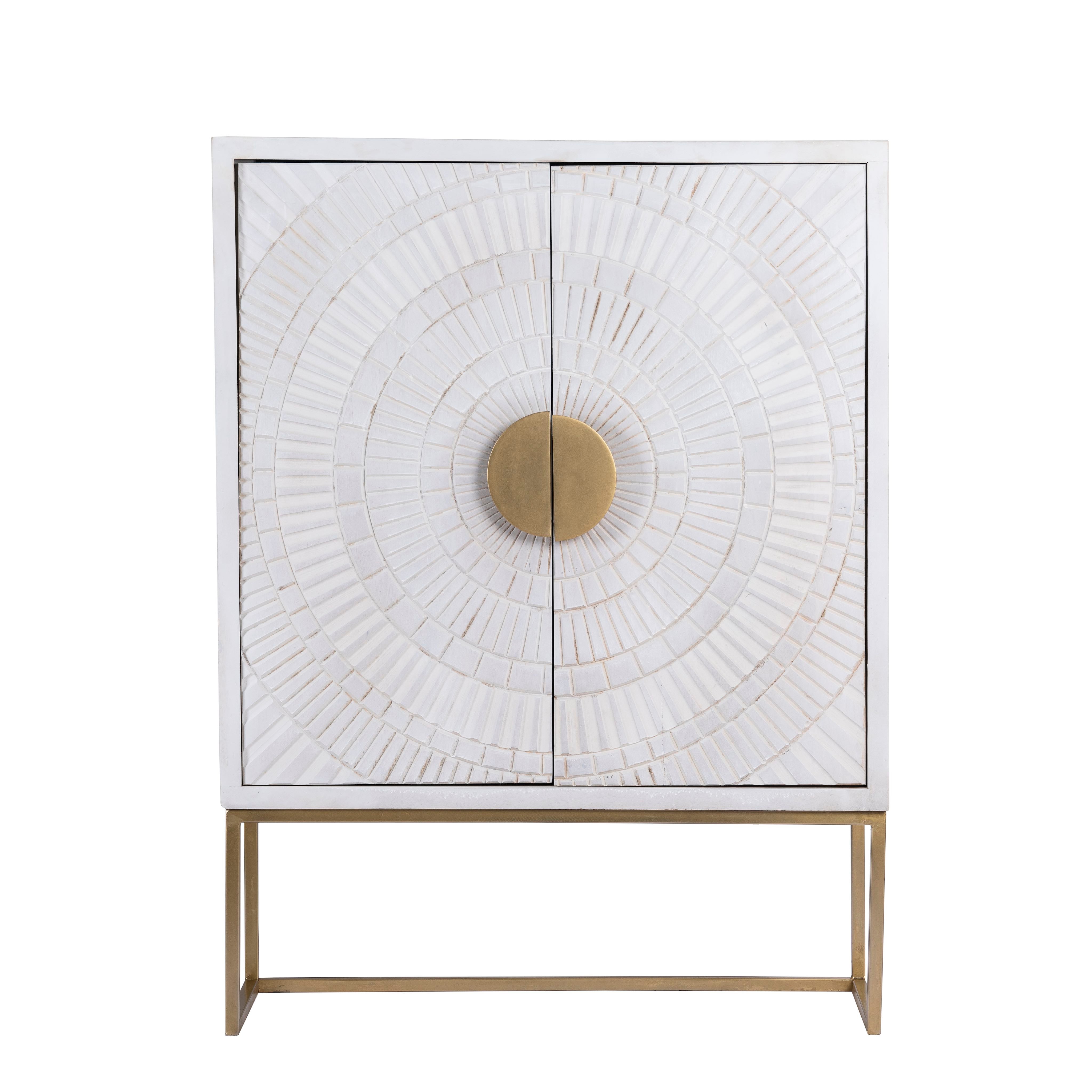 White background image of a whitewashed mango wood buffet with carved lines and antique brass iron base, 90 × 120 × 42 cm.