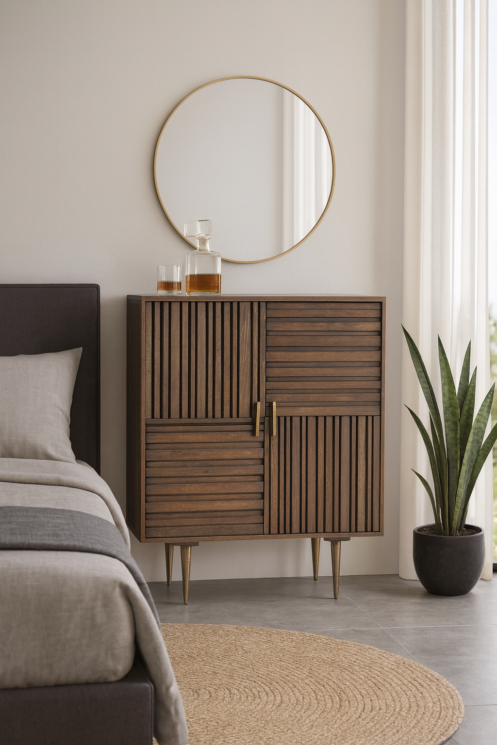 Lifestyle imagination of a grey carved cabinet in mango wood with linear carvings and brass‑plated iron base, 92 × 42 × 115 cm.