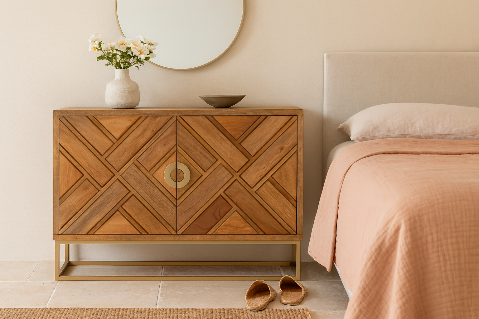 Lifestyle imagination of a handcrafted mango wood sideboard with tiled front design, brass stand, and handles—minimalistic style furniture blending natural warmth with refined elegance.