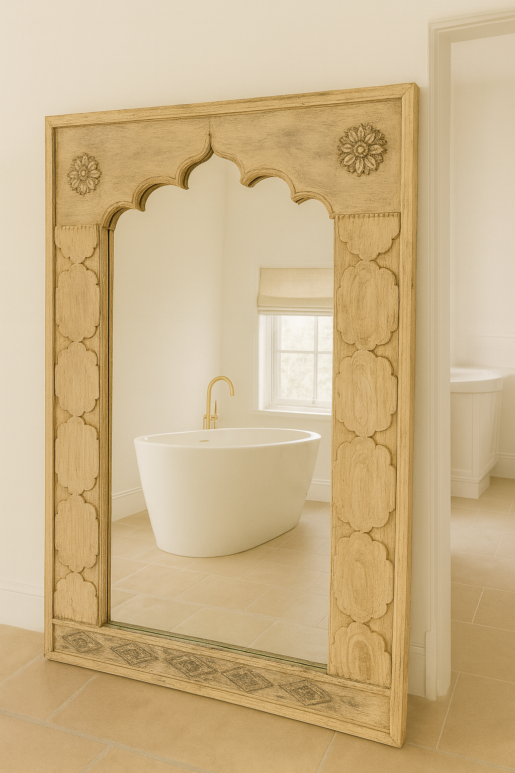 Lifestyle inspiration of a tall wall mirror crafted from reclaimed teak wood with minimalist arch design, part of vintage home accessories and ideal for complementing living room furniture in coastal or Mediterranean interiors.