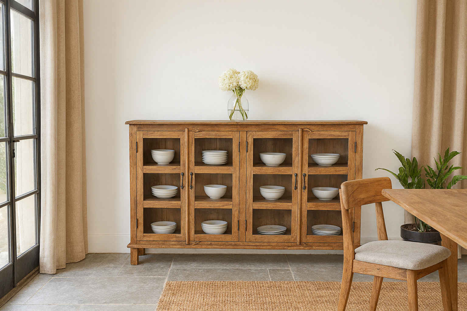 recycled teak wood showcase sideboard with four glass-framed doors and six compartments – sustainable teak wood furniture offering timeless design and eco-conscious storage.