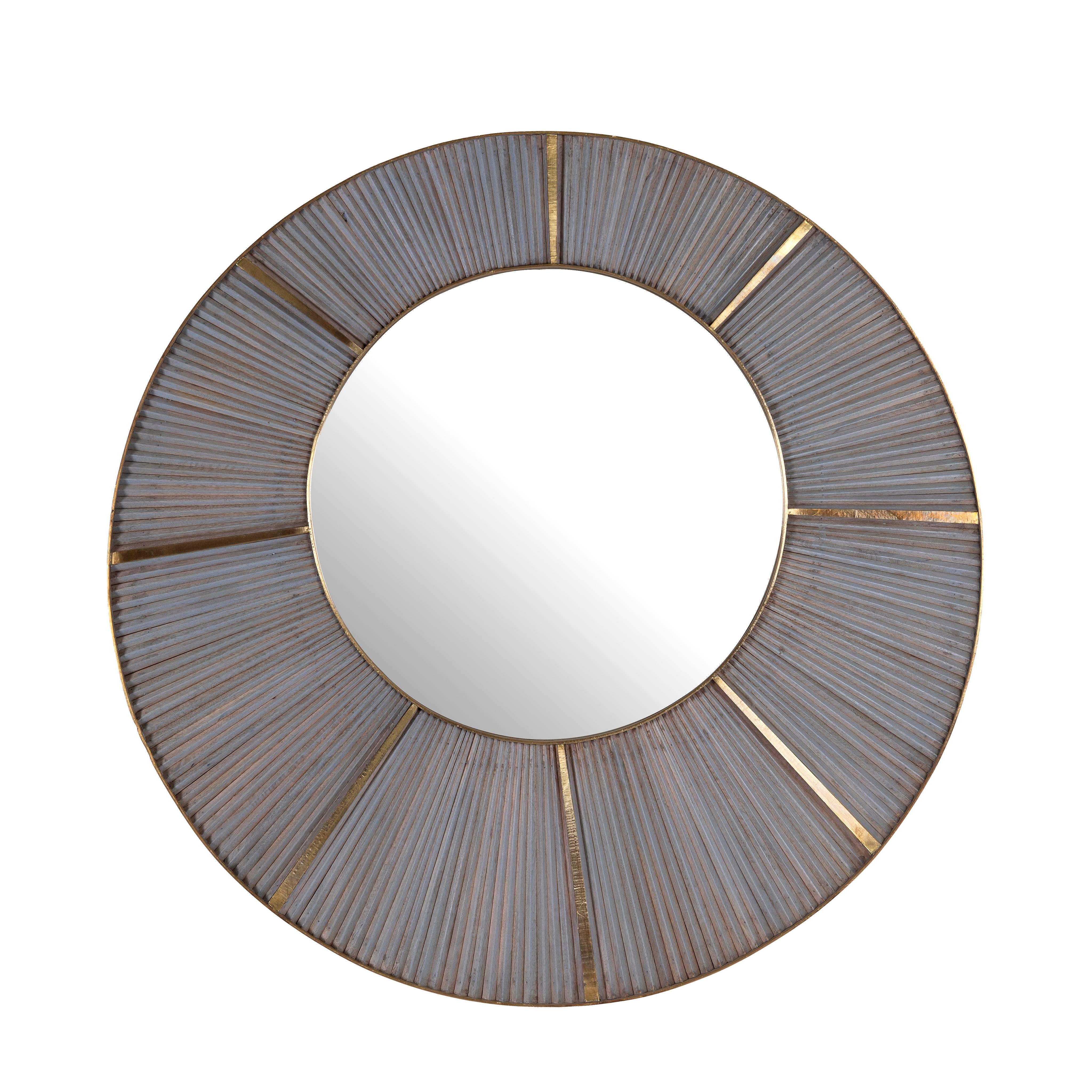 Grey carved cabinet in mango wood with linear carvings and brass‑plated iron base, 92 × 42 × 115 cm.