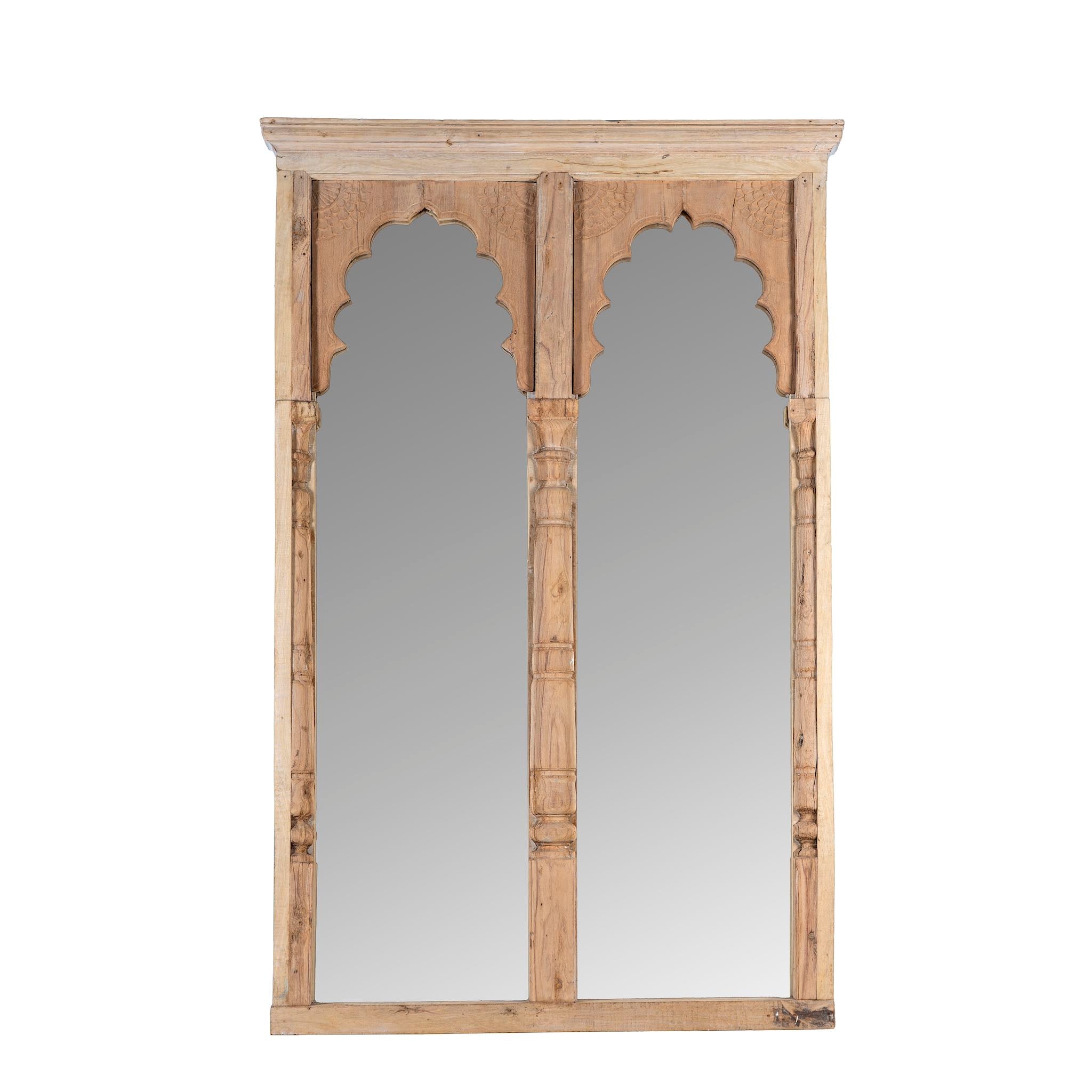 White background image of a large arched teak wall mirror in Boho style, repurposed from antique double window frame, part of our vintage furniture collection.