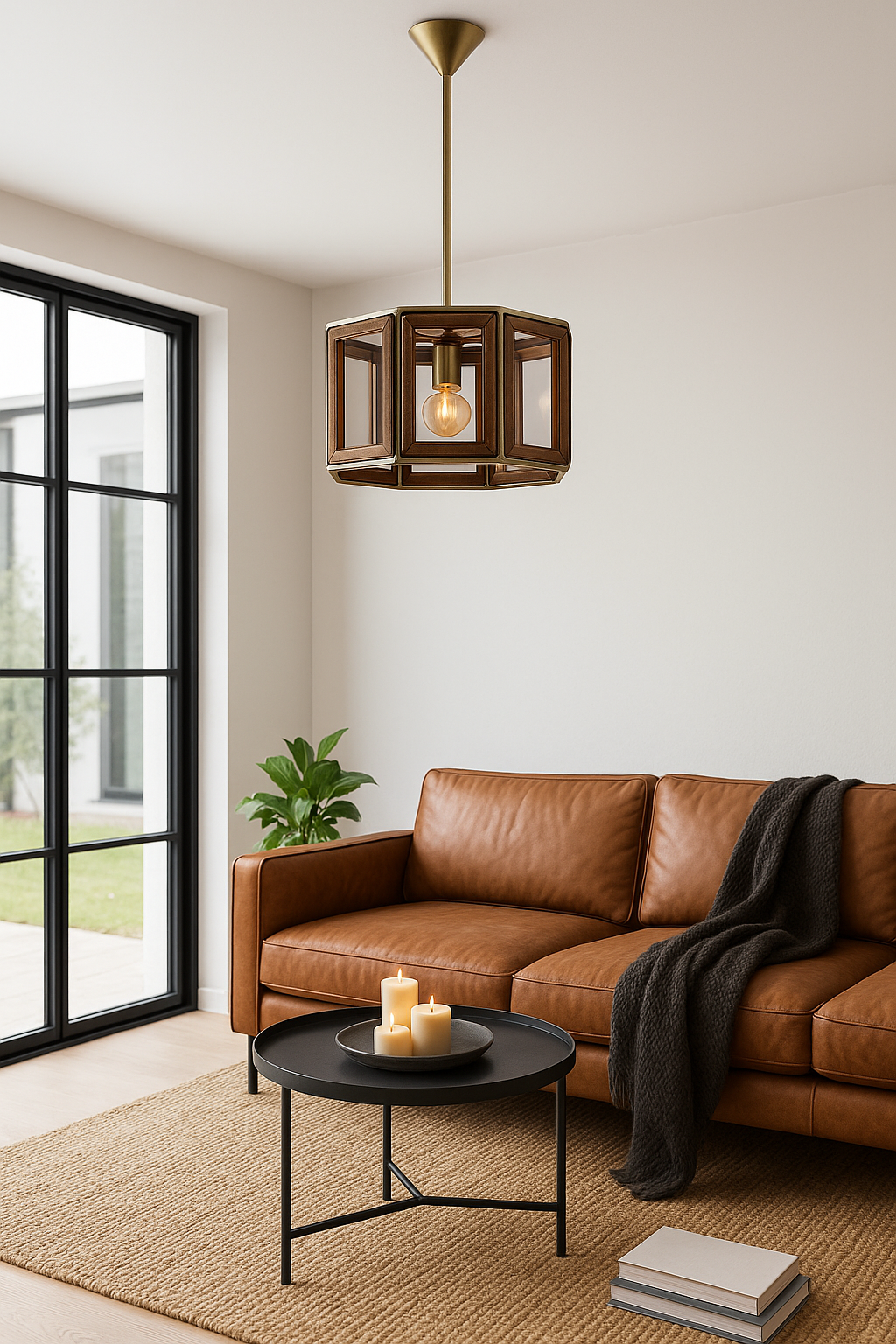 Lifestyle image of a octagon-shaped mango wood pendant lamp with antique brass finish – handcrafted wooden lamp ideal for industrial style lighting in compact interiors.