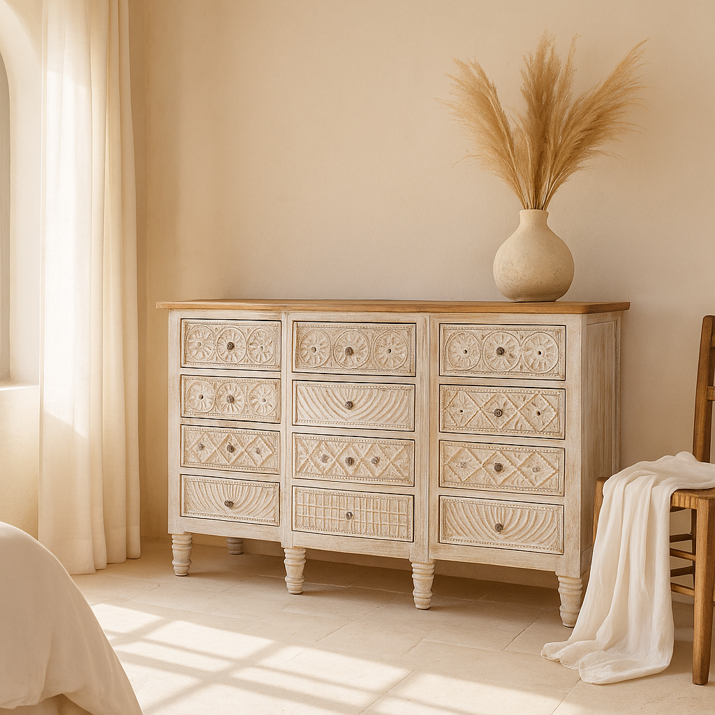 Life style image in a bedroom and hand carved mango wood sideboard with lotus-inspired drawer motifs and whitewashed finish; a wood carved sideboard and unique furniture piece, 160 × 92 × 45 cm.