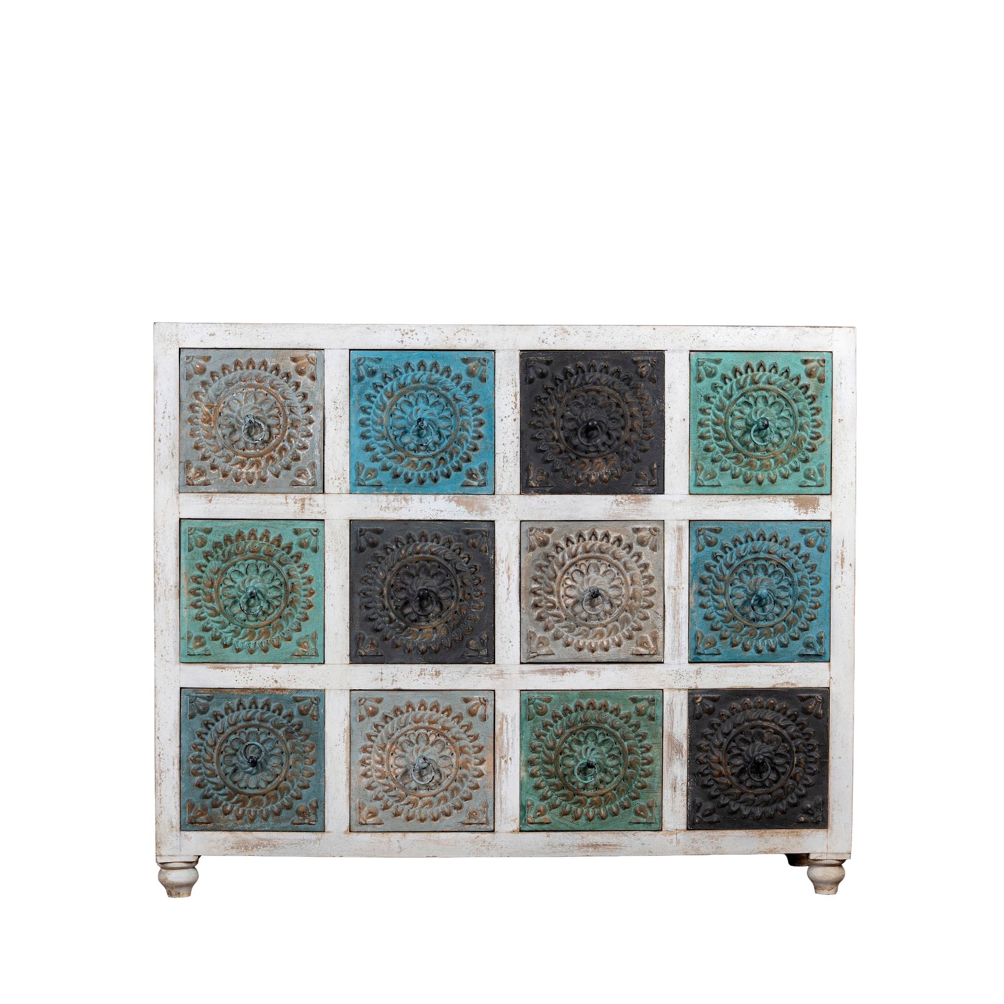 White background image of a carved mango wood chest of drawers with twelve multicolour floral drawer fronts, 124 × 40 × 102 cm.