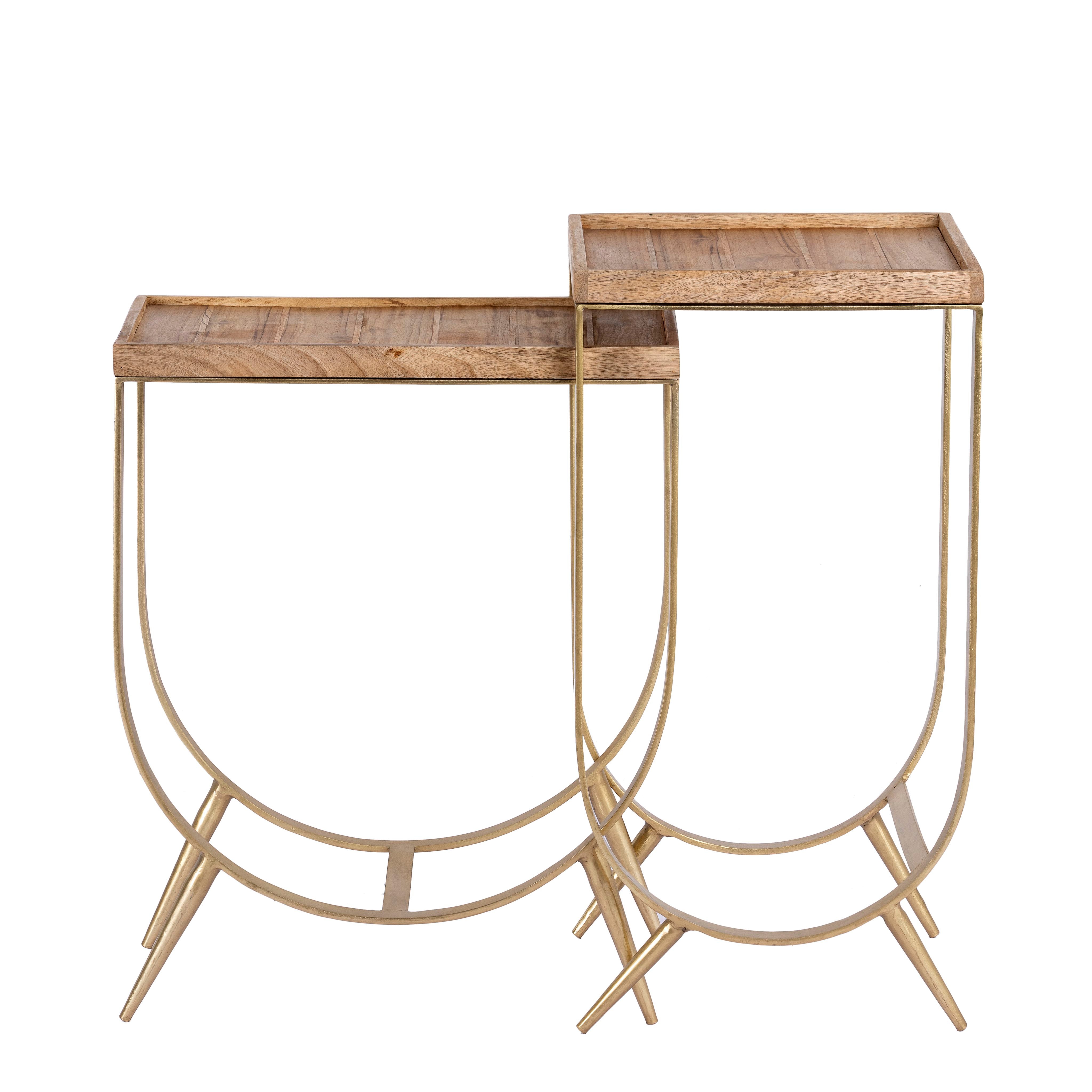White background image of a metal base side table with U-shaped brass-coated iron frame and mango wood tray top; wooden top side table, 38 × 38 × 75 cm.