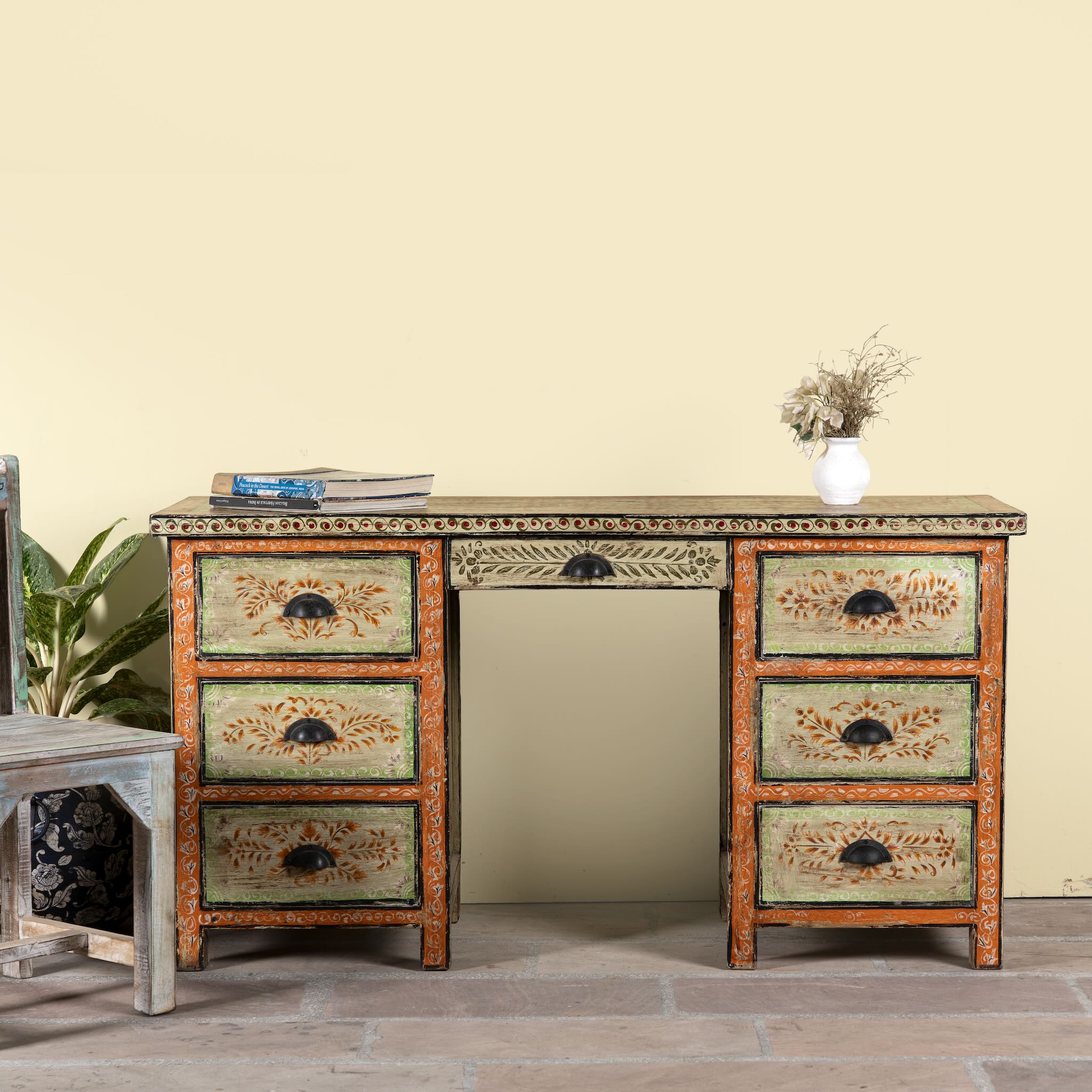 Hand-painted desk made of reclaimed wood with floral detailing – Tejasvini model by Om Home & Garden