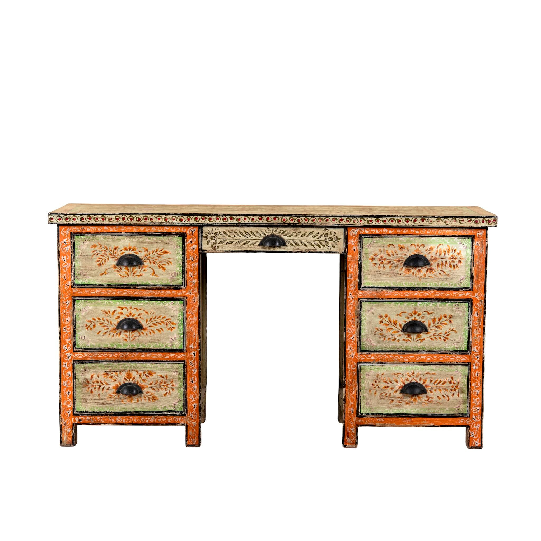 White background image of a hand-painted desk made of reclaimed wood with floral detailing – Tejasvini model by Om Home & Garden