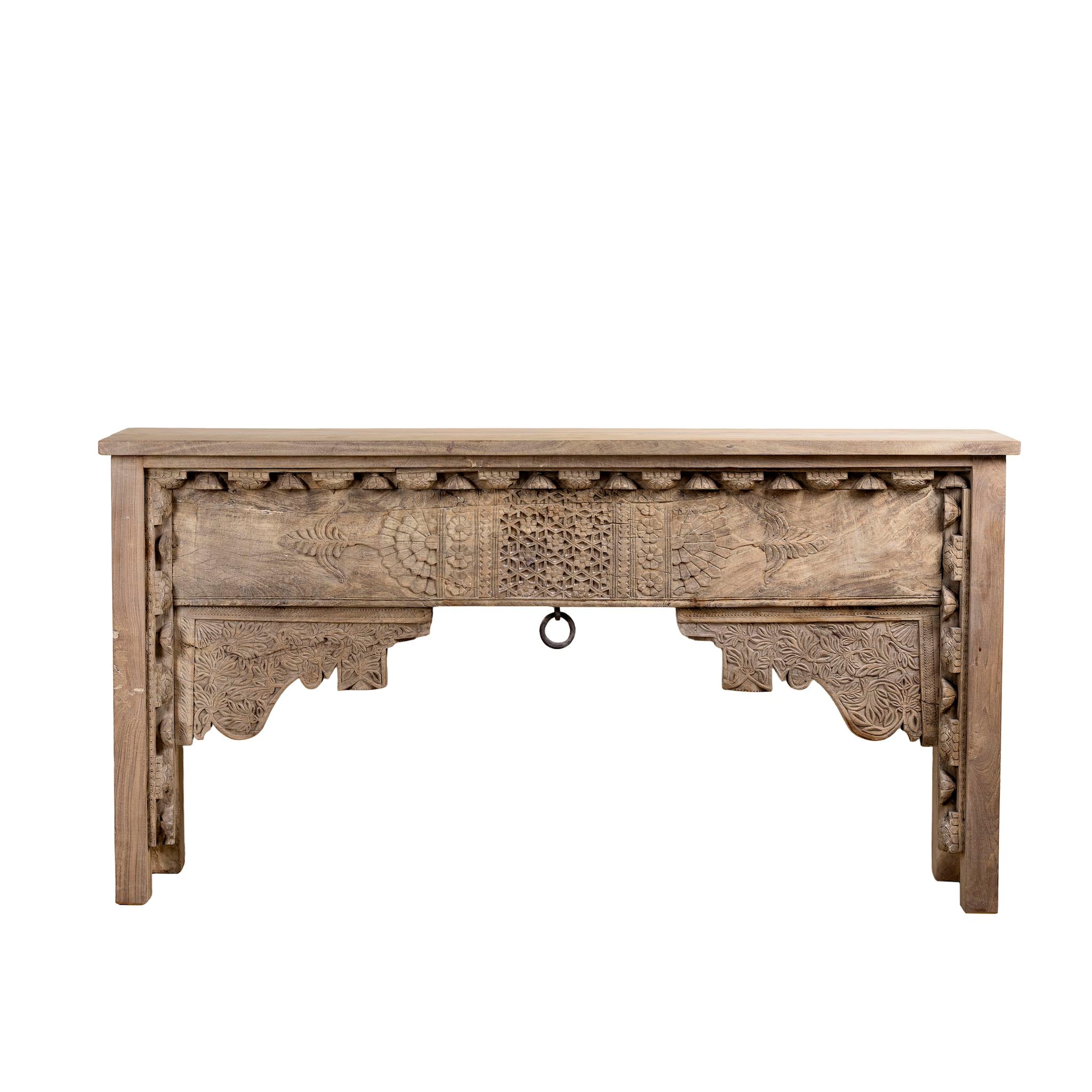 White background image of a handcrafted entryway table vintage, unique furniture in reclaimed teak wood with floral and geometric carvings, 160 × 40 × 90 cm.