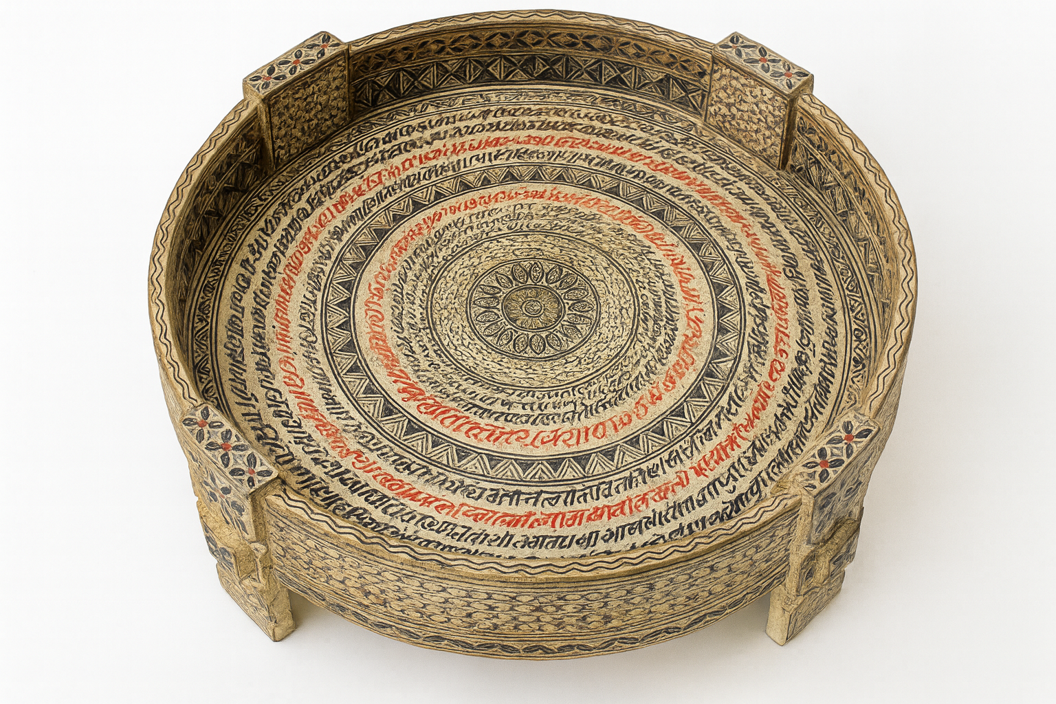 Close up image of a reclaimed wood coffee table made from antique teak oil press with hand-painted Sanskrit symbols and glass top; hand painted coffee table, 75 cm diameter, 25 cm height.