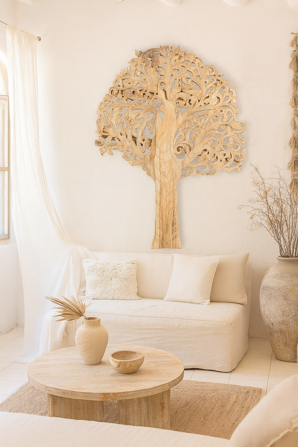 Hand-carved mango wood wall panel with tree and bird motifs, vintage wall panels for boho chic living room, 180 × 150 × 10 cm.