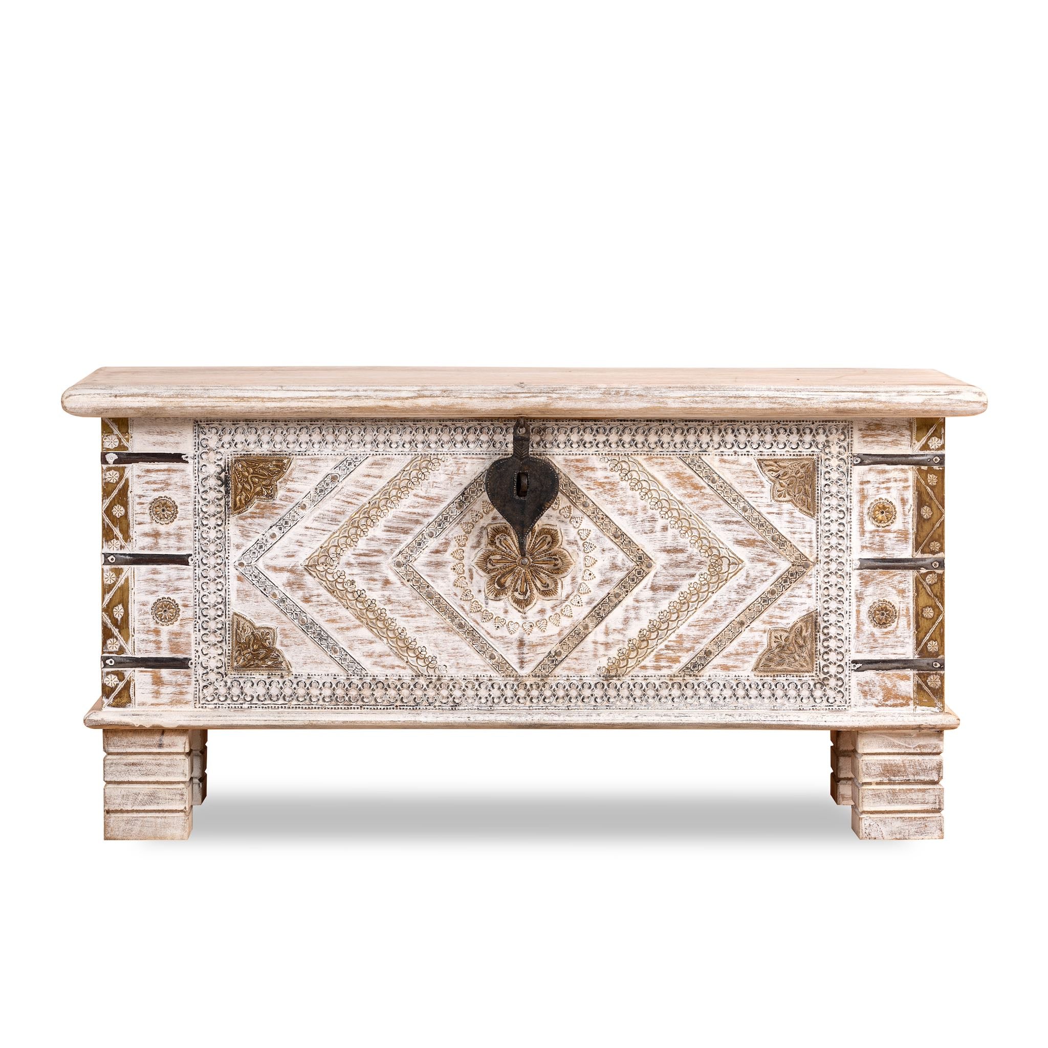 White background image of a handcrafted mango wood chest with brass inlays and carvings – wood chest box for boho style interiors, perfect as coffee table or bedroom storage.