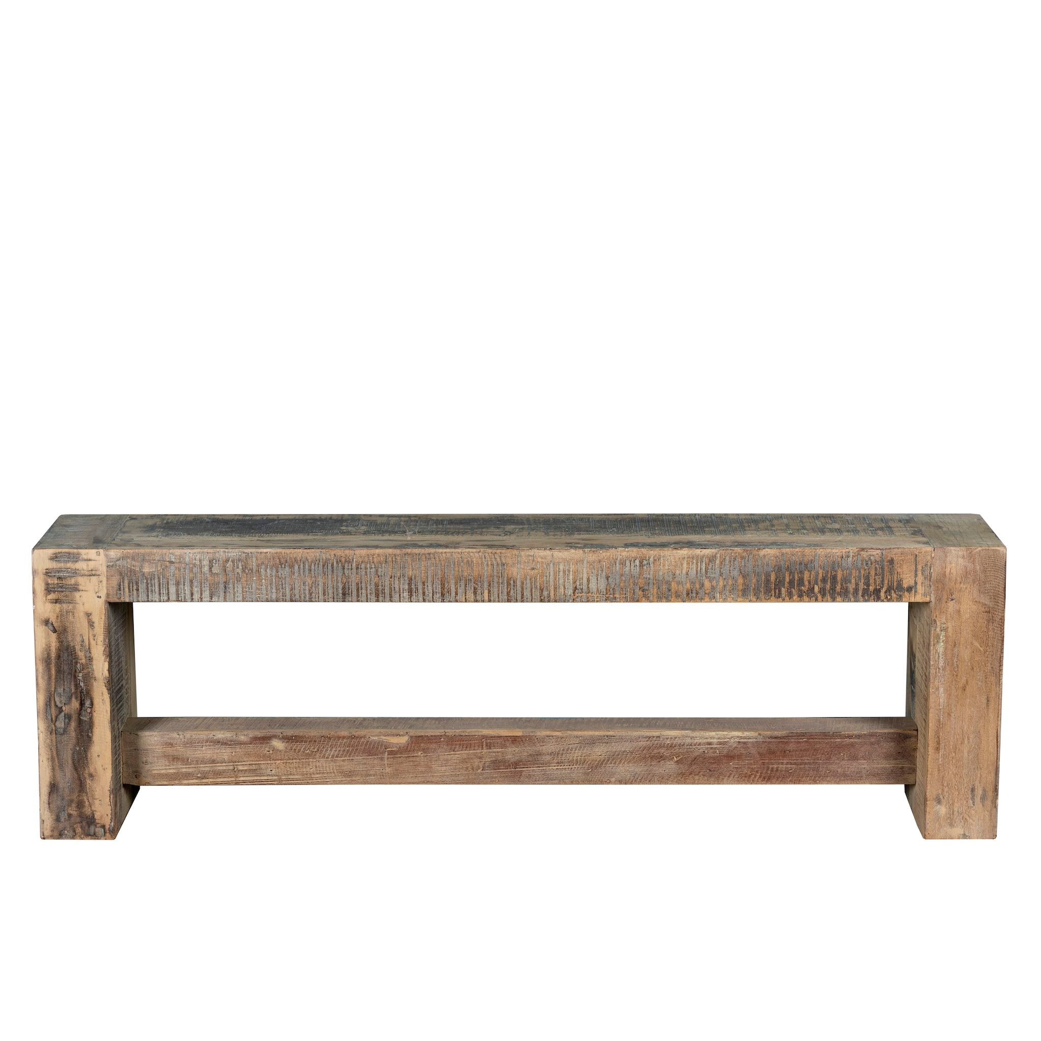 White background photo of a reclaimed teak wood bench with rustic finish and minimalist frame; sustainable furniture, 160 × 30 × 50 cm.