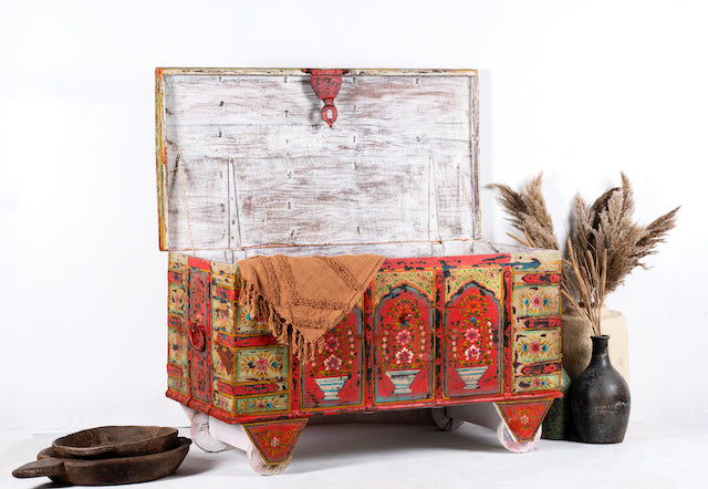 Unique Indian furniture box hand-painted on solid recycled teak – vibrant painted teak furniture ideal for living rooms or eclectic interiors.