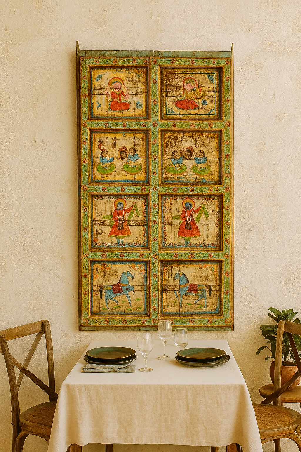 Decorative wall art with illustrations of people and animals on a beige wall above a set dining table.