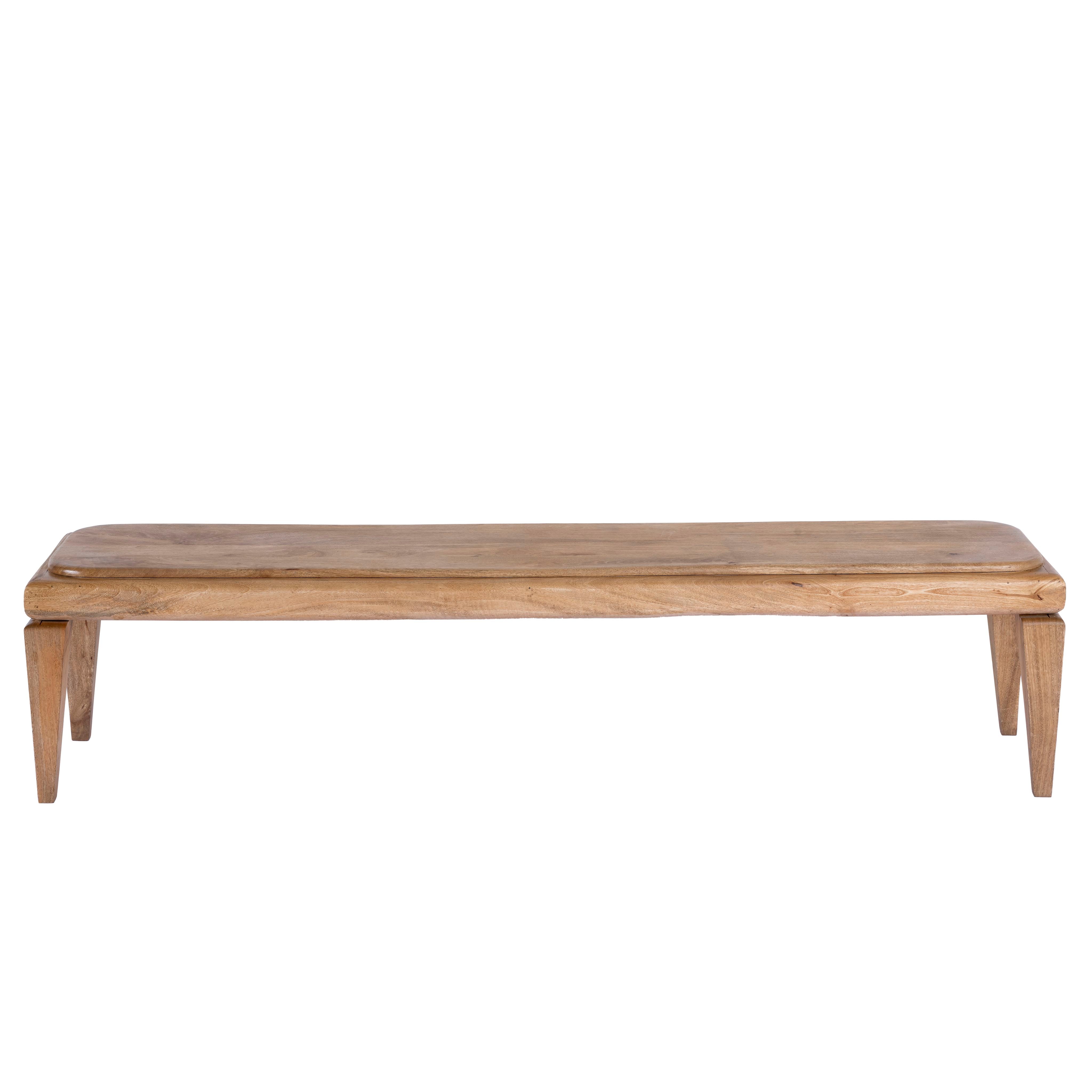 White background image of a minimalistic mango wood bench with natural finish and clean design; versatile wooden seating, 180 × 41 × 44 cm.